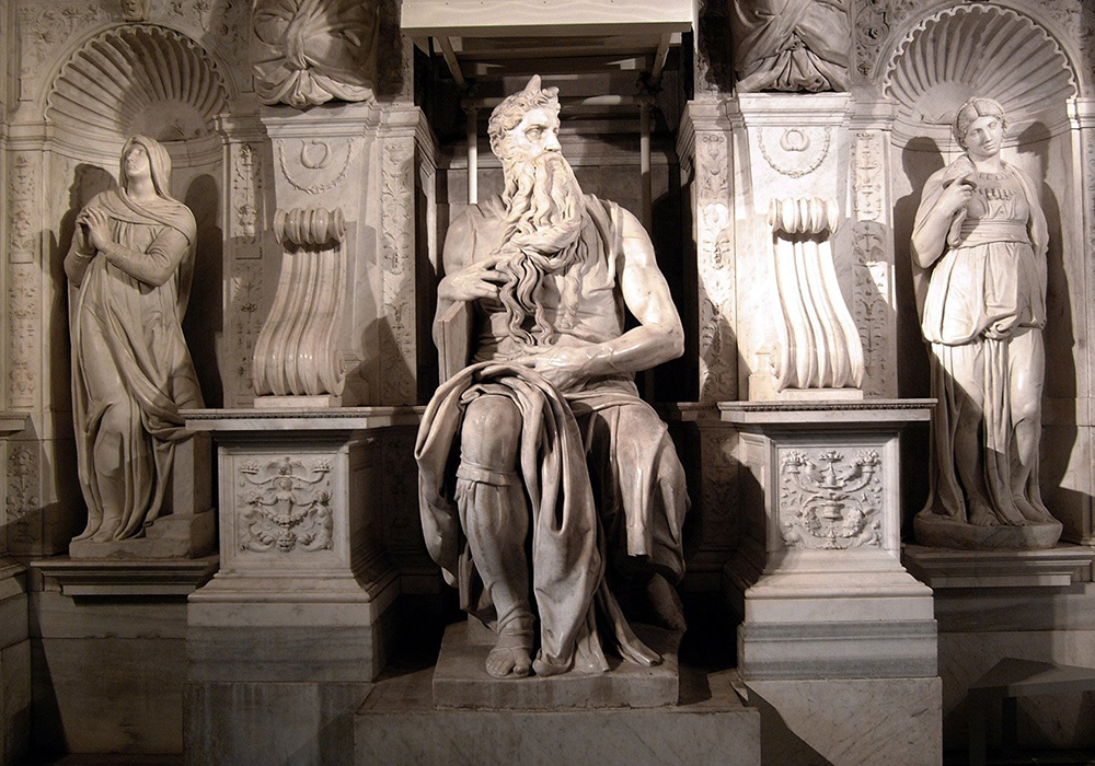 Biblical figures surround the marble statue of Moses, Michelangelo's masterpiece at the Church of St. Peter in Chains in Rome. The famous sculpture, originally planned as part of Pope Julius II's tomb inside St. Peter's Basilica, was completed in 1545 at the church. (CNS/Catholic Press photo)