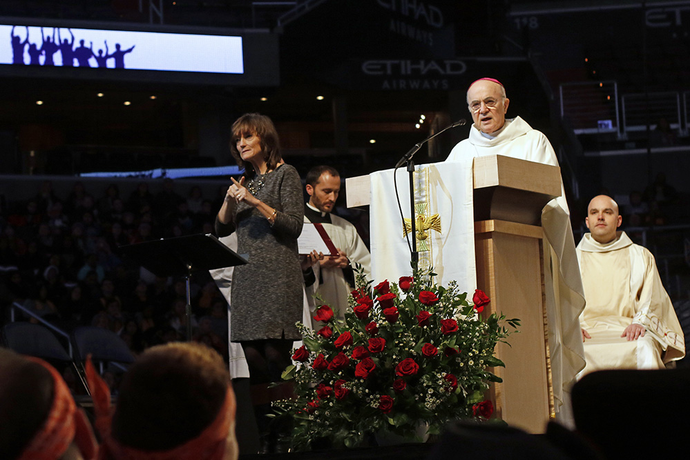 Archbishop Carlo Maria Viganò, then apostolic nuncio to the United States, delivers a message from Pope Francis at the beginning of a pro-life youth Mass at the Verizon Center in Washington Jan. 22, 2016. (CNS/Long Island Catholic/Gregory A. Shemitz)
