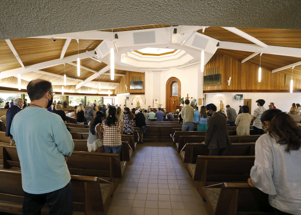 San Diego Bishop Robert McElroy celebrates a bilingual Mass for Earth Week at St. James Church in Solana Beach, Calif., April 17, 2021. (CNS photo/John Gastaldo, The Southern Cross)