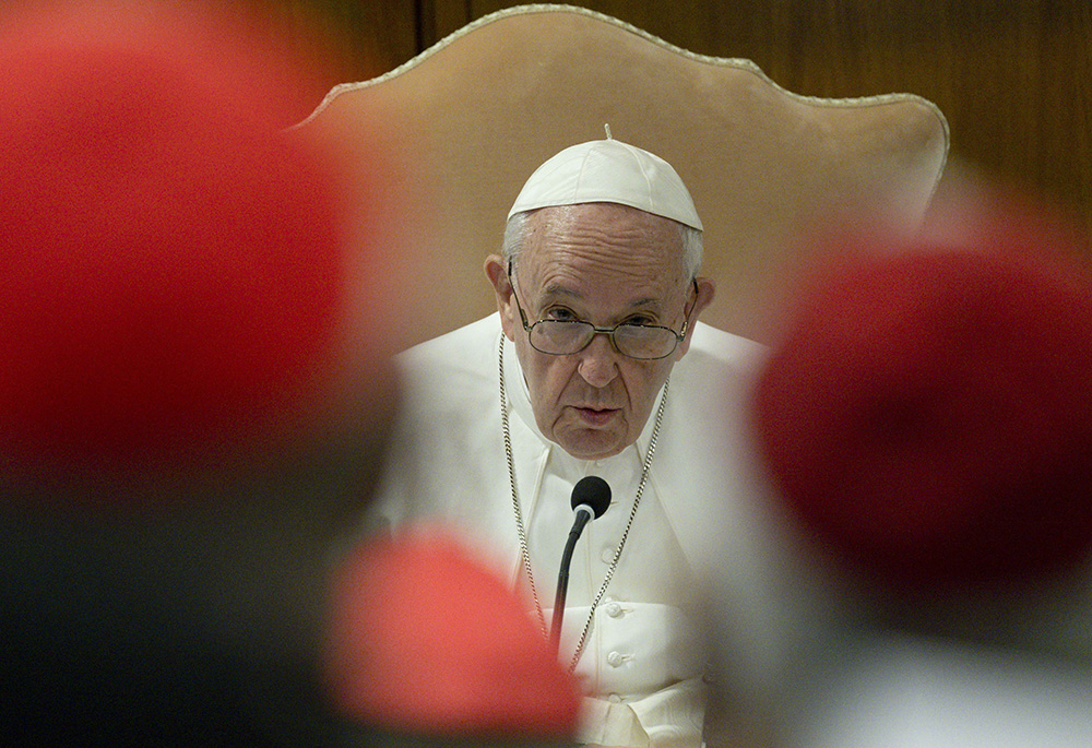 Pope Francis meets with cardinals Aug. 29, 2022, at the Vatican. The meeting was to reflect on the apostolic constitution Praedicate Evangelium ("Preach the Gospel") on the reform of the Roman Curia. (CNS/Vatican Media)