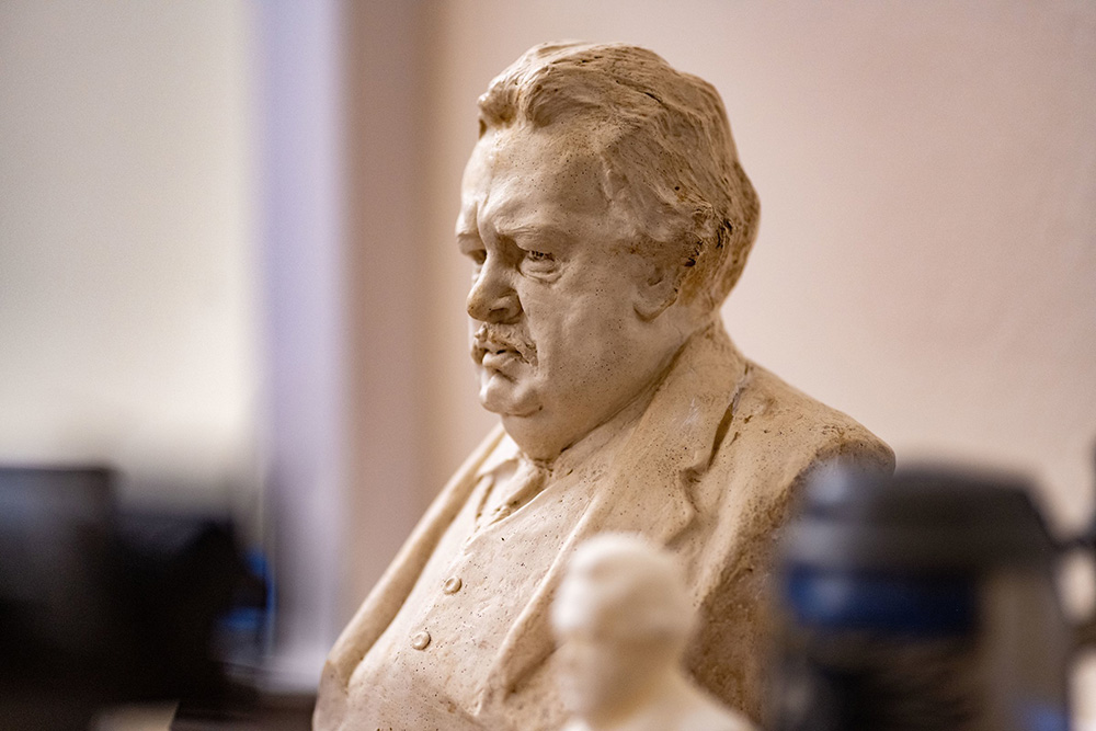 A bust of G.K. Chesterton is seen in the Chesterton Archive in London. (CNS/University of Notre Dame/Matt Cashore)