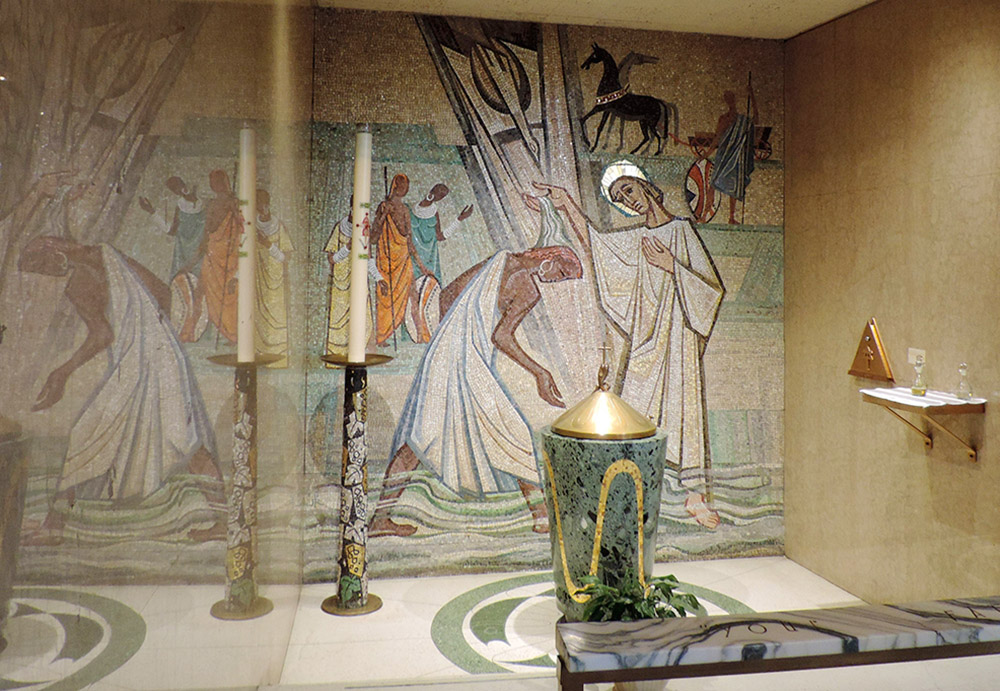 Baptistry mosaics and brass works by artist Peter Recker are seen at St. Rita Catholic Church in Indianapolis March 6. St. Rita is one of 16 Christian churches to receive a grant from the National Fund for Sacred Places. (OSV News/Courtesy of National Fund for Sacred Places/Caleb Legg)