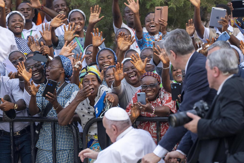 Pope Francis greets worshippers at Notre Dame du Congo Cathedral in Kinshasa, Congo, Feb. 2. (AP/Jerome Delay)
