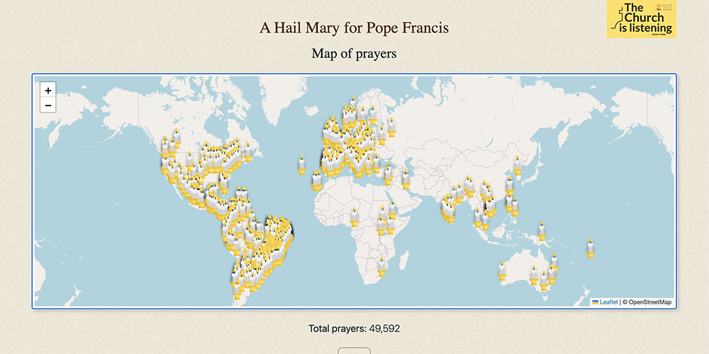 A new website enables visitors to sign up to offer prayers for Pope Francis on March 13. Upon doing so, a little candle appears on the site's virtual map. As of Feb. 15, more than 45,000 prayers have been committed from every continent (minus Antarctica). (NCR screenshot/Decimus-annus.org)