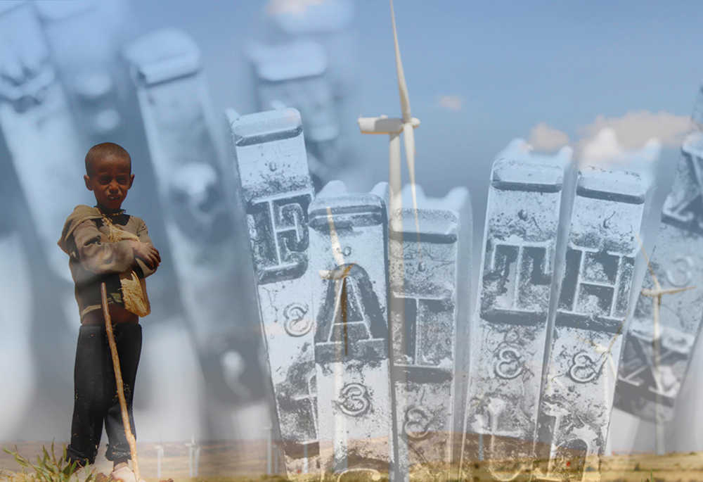 A boy stands in front of wind turbines at the Ashegoda Wind Farm, near Mekele in Ethiopia's Tigray region. (CNS/Reuters/Kumerra Gemechu; overlay: Dreamstime/Davinci)