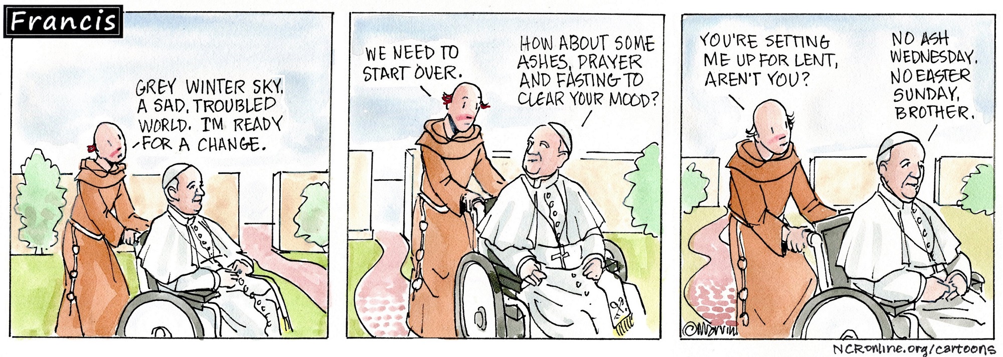 Francis, the comic strip: Brother Leo is ready for a change, and Francis has an idea.