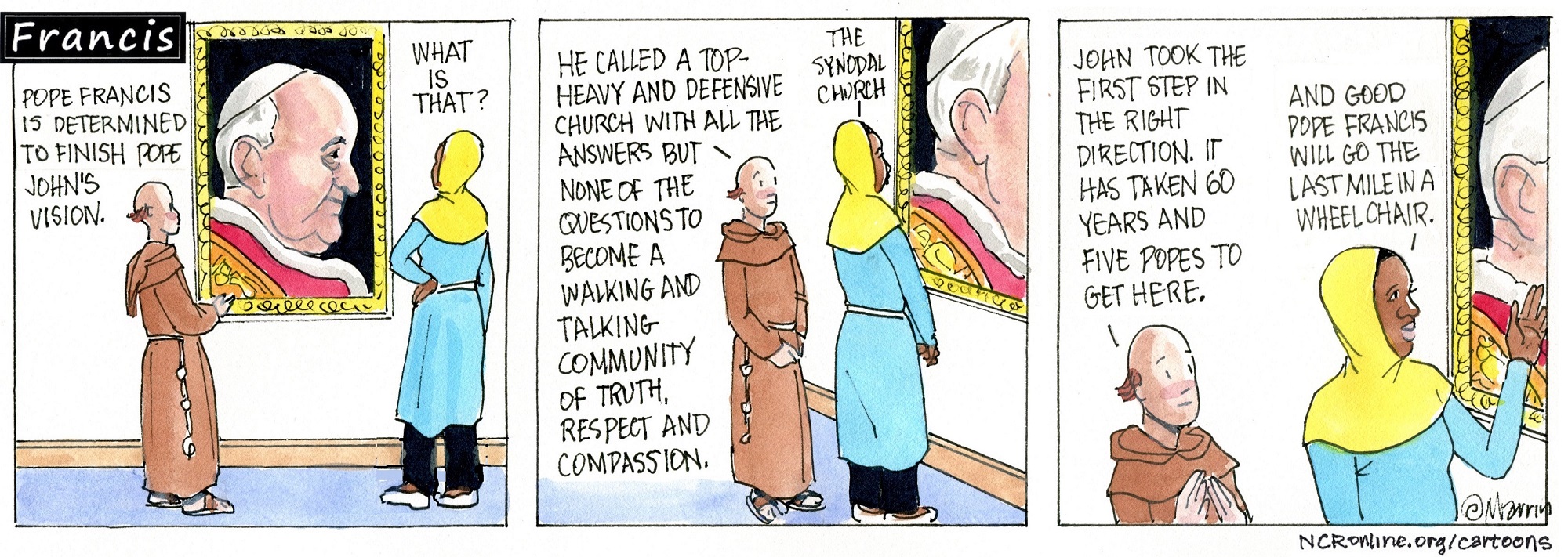 Francis, the comic strip: Brother Leo and Gabby discuss Francis' mission to continue John XXIII's vision. 