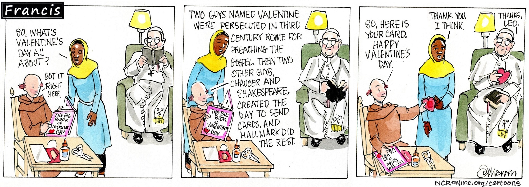 Francis, the comic strip: Brother Leo has a Valentine's tale for Gabby and Francis.