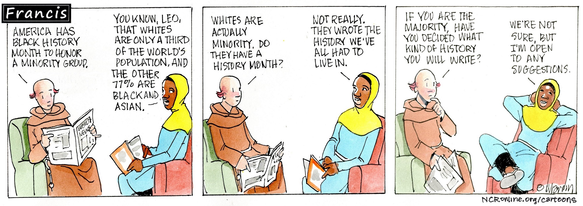 Francis, the comic strip: Brother Leo and Gabby discuss how to rewrite history.