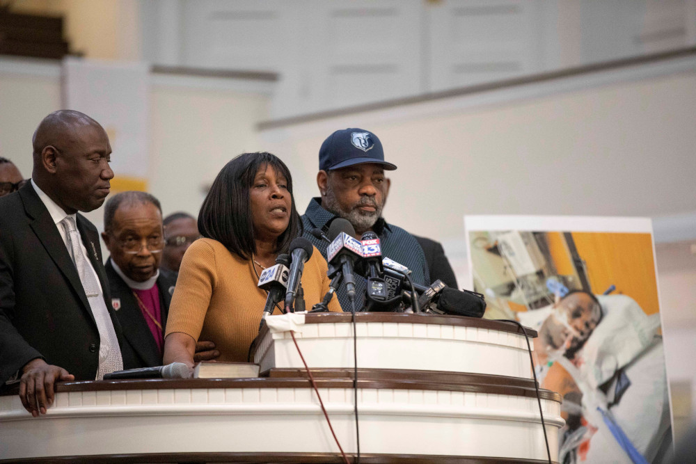 RowVaughn Wells, mother of Tyre Nichols, a young Black man who was killed during a traffic stop by Memphis police officers, speaks during a news conference at Mt. Olive Cathedral CME Church in Memphis, Tennessee, Jan. 27. (OSV News/Reuters/Alyssa Pointer)