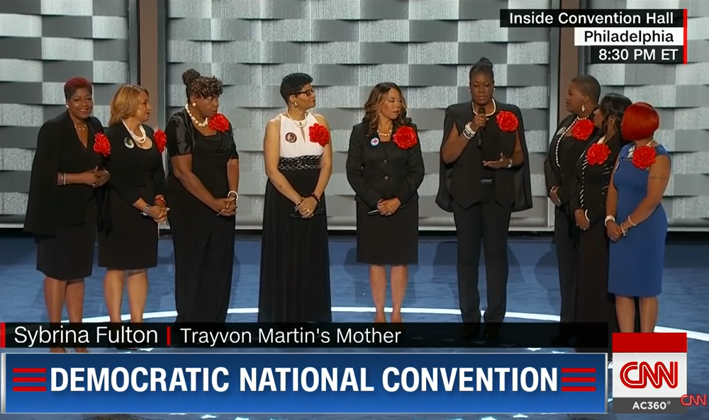 Sybrina Fulton, mother of Trayvon Martin, joins other "Mothers of the Movement" at the Democratic National Convention on July 26, 2016. (NCR screenshot/CNN/YouTube)