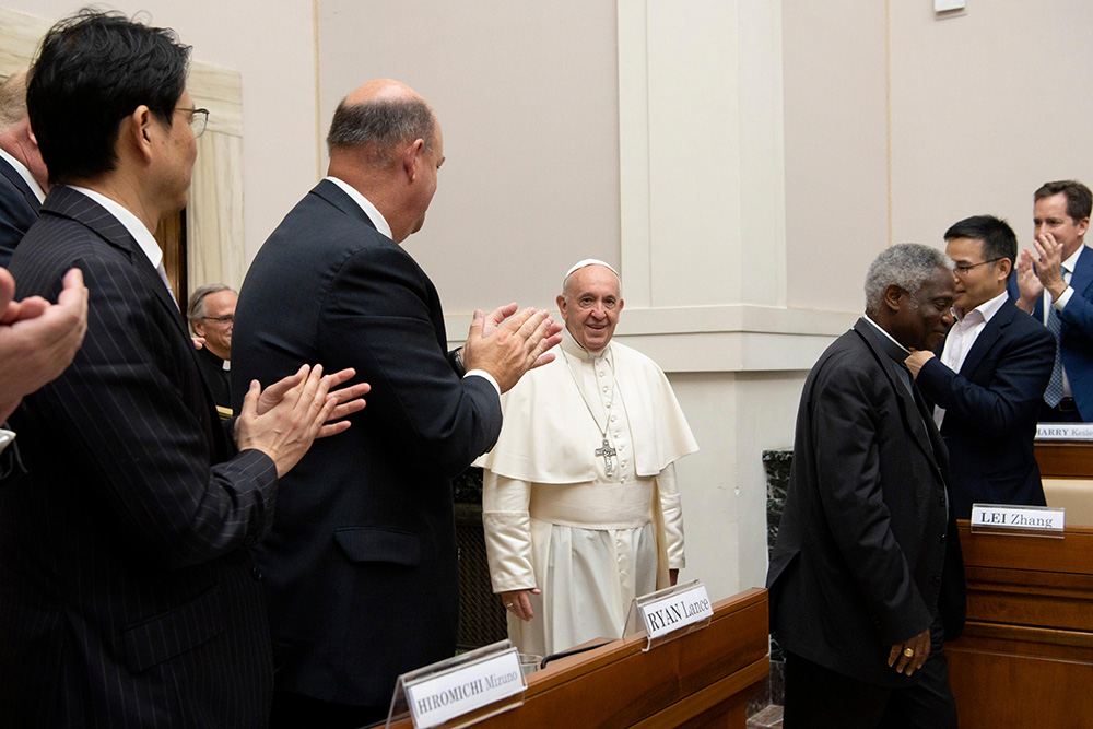 Pope Francis arrives for a meeting at the Vatican June 14, 2019, with executives of leading energy, petroleum and natural gas companies, leaders in investment firms and climate scientists. "Today's ecological crisis, especially climate change, threatens the very future of the human family, and this is no exaggeration," he told them. (CNS/Vatican Media)
