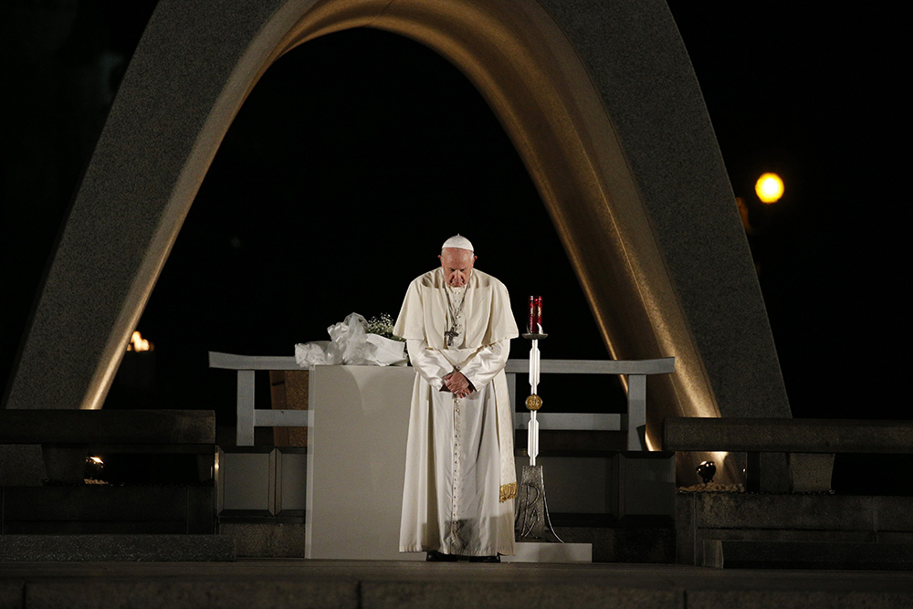 Pope Francis participates in a moment of silence during a meeting for peace at the Hiroshima Peace Memorial in Japan on Nov. 24, 2019. (CNS/Paul Haring)