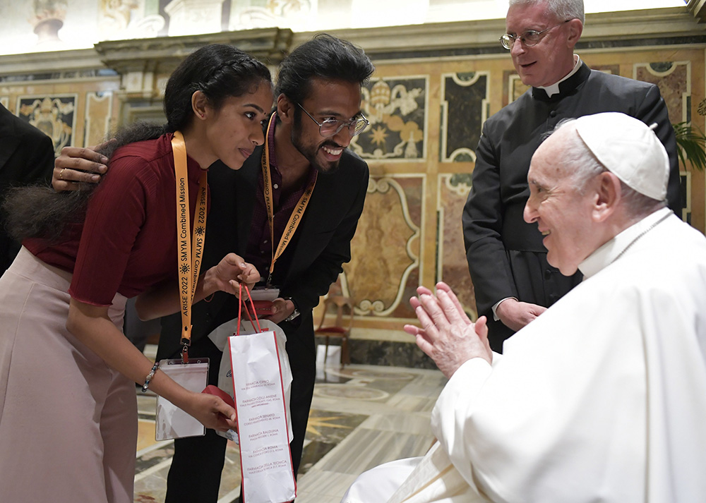 Pope Francis greets young people during an audience with participants in the Syro-Malabar Youth Leaders Conference, at the Vatican June 18, 2022. (CNS/Vatican Media)