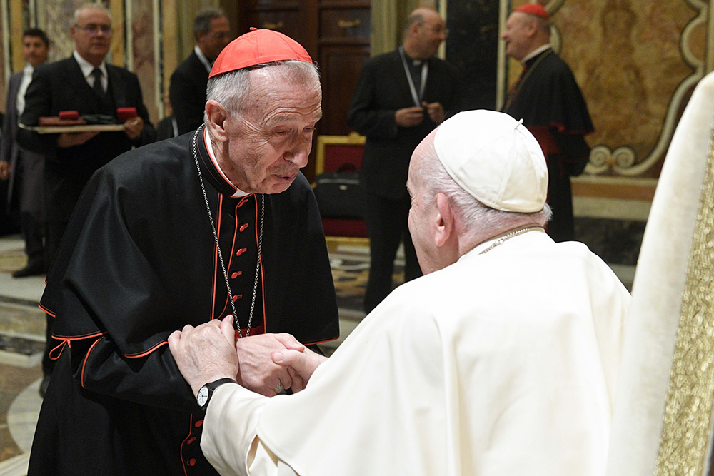 Pope Francis greets Cardinal Luis Ladaria, prefect of the Dicastery for the Doctrine of the Faith, during an audience with participants attending the International Thomistic Congress, at the Vatican Sept. 22, 2022. (CNS/Vatican Media)