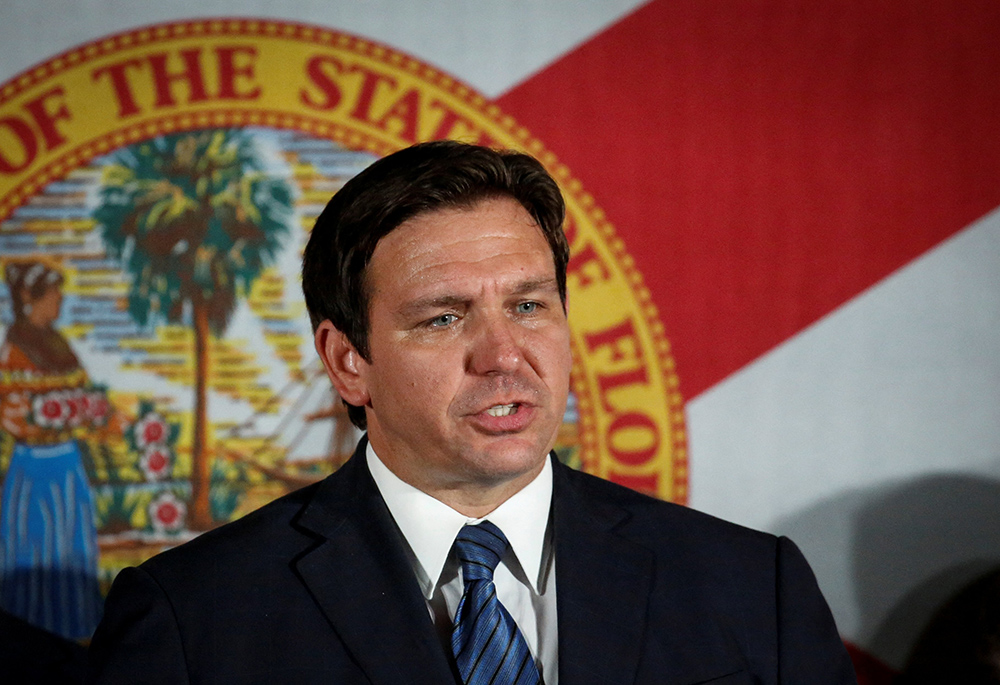 Florida Gov. Ron DeSantis speaks at the Republican Party of Florida Night Watch Party during the primary election, in Hialeah, Florida, in this Aug. 23, 2022, file photo. (CNS/Reuters/Marco Bello)
