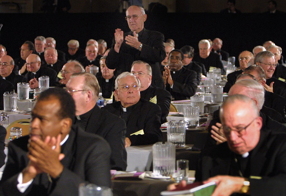 U.S. bishops applaud the vote approving a strict national policy to address clergy sexual abuse. The room of bishops all stood to acknowledge the vote at their meeting June 14, 2002, in Dallas. (CNS/Bob Roller)