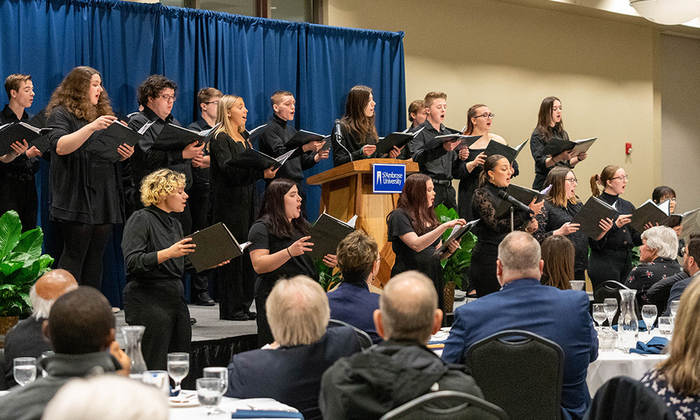 On March 16, the St. Ambrose Chamber Choir performs "Venite Exultemus," an original composition created by music professor William Campbell for the "Francis at 10: A Papacy of Possibilities" conference at St. Ambrose University in Davenport, Iowa. (Courtesy of St. Ambrose University)