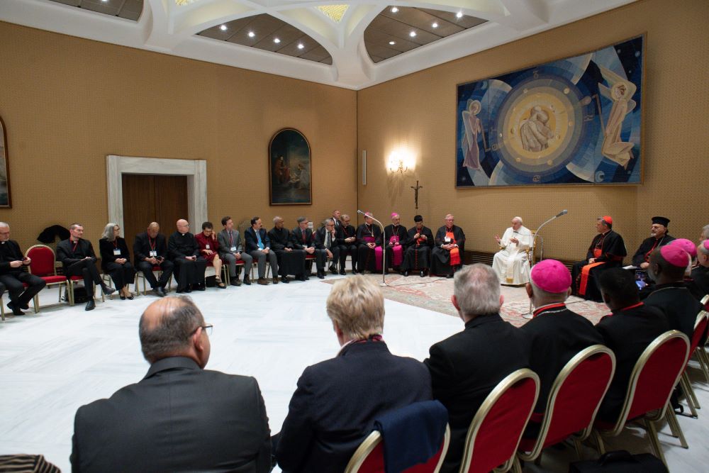 Pope Francis leads a meeting with the presidents and coordinators of the regional assemblies of the Synod of Bishops at the Vatican Nov. 28, 2022. (CNS photo/Vatican Media)