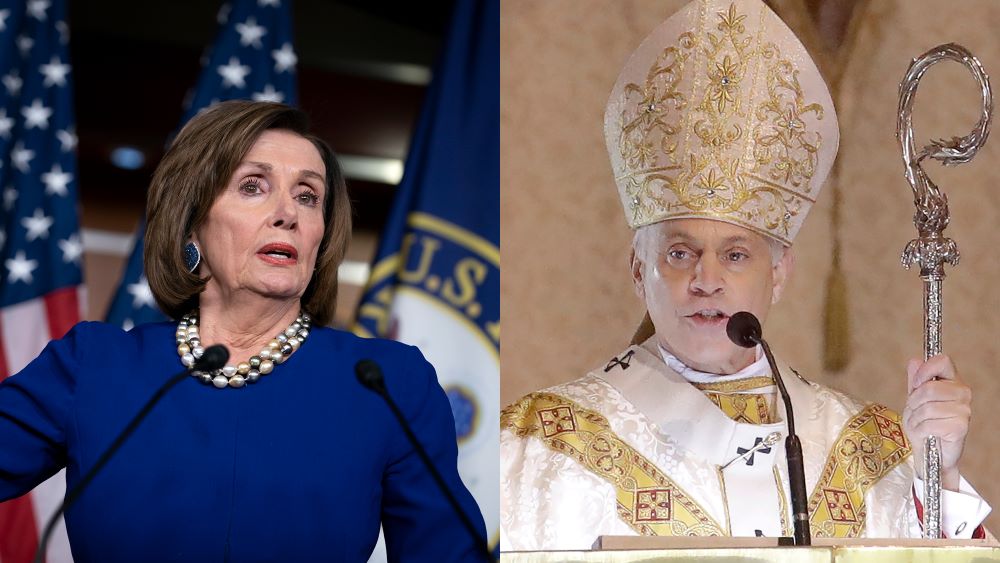 Speaker of the House Nancy Pelosi, left, in 2020, and San Francisco Archbishop Salvatore Cordileone, right, in 2020 (RNS/AP photos)