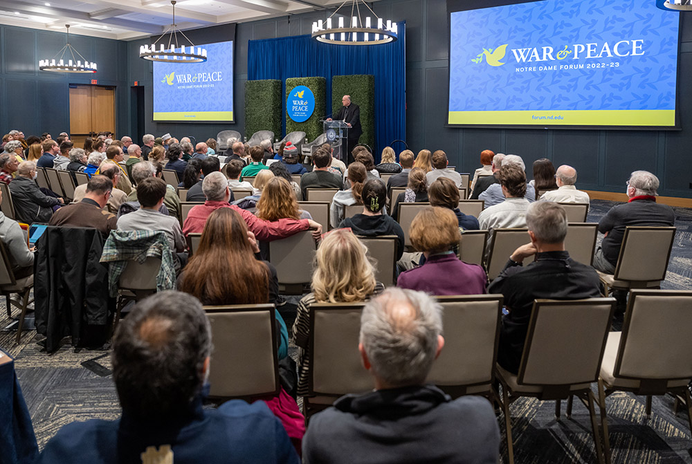 Cardinal Robert McElroy delivers his speech at the event titled "New and Old Wars, New and Old Challenges to Peace," as part of the Notre Dame Forum in McKenna Hall March 1 at the University of Notre Dame in Indiana. (University of Notre Dame/Barbara Johnston)