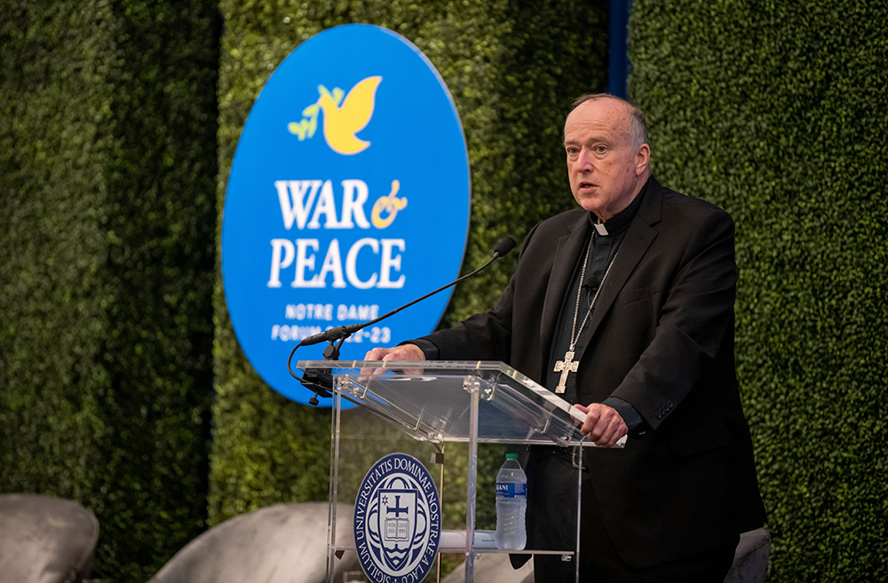 Cardinal Robert McElroy of San Diego speaks at the event titled "New and Old Wars, New and Old Challenges to Peace," as part of the Notre Dame Forum on March 1 at the University of Notre Dame in Indiana. (University of Notre Dame/Barbara Johnston)