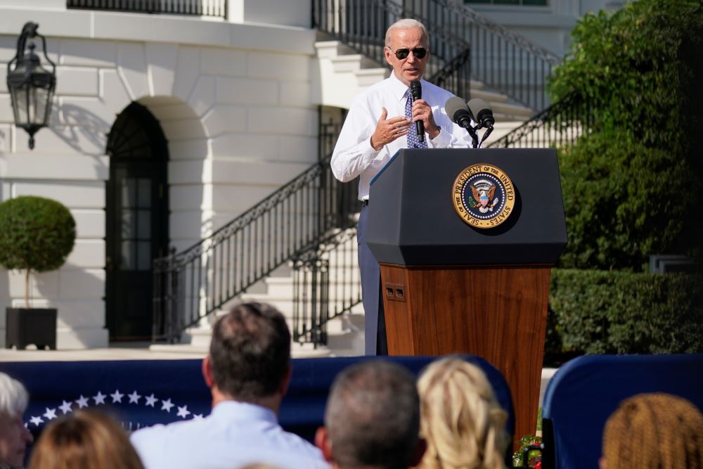 President Joe Biden speaks about the Inflation Reduction Act of 2022 during a ceremony on the South Lawn of the White House in Washington, Sept. 13, 2022. (AP Photo/Andrew Harnik)