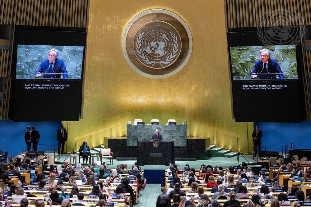 United Nations Secretary-General António Guterres (at podium and on screens) addresses a town hall meeting during the 67th session of the Commission on the Status of Women. (UN photo)