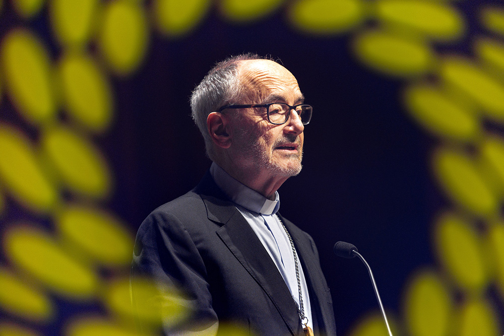 Cardinal Michael Czerny, head of the Vatican Dicastery for Promoting Integral Human Development, speaks on the role of universities in global responses to climate change and socioecological disasters during a lecture at Gonzaga University in Spokane, Washington, March 9. (Gonzaga University/Zack Berlat)