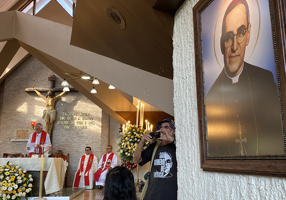 Fr. Juan Vicente Chopin gives a homily at the Divine Mercy Hospital chapel in San Salvador for the March 24, 2023, feast of St. Oscar Romero. Chopin said the Salvadoran bishops have failed to speak against an emergency law that has allowed law enforcement to detain anyone suspected of being a gang member or affiliated with gangs. (NCR photo/Rhina Guidos)