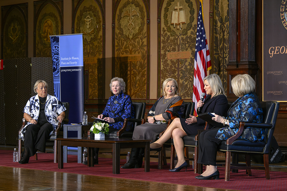 Michelle O'Neill, the first minister-elect of Northern Ireland and deputy leader of Sinn Féin, speaks as part of a March 16 panel on the role of women in the 1998 Good Friday Agreement in Northern Ireland. The panel, held at Georgetown University in Washington, D.C., also included, from left, Monica McWilliams, a signatory to the Good Friday Agreement; Mary Robinson, former president of Ireland; Liz O'Donnell, former minister of state of Ireland; and Melanne Verveer