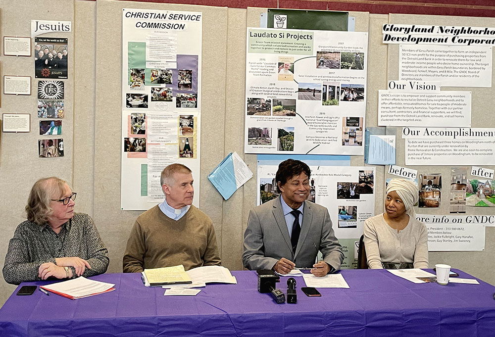 Detroit Catholic and environmental justice leaders dialogue with their congressman about soot pollution in Detroit's air. From left are Dominican Sr. Ellen Burkhardt, Jesuit Fr. Lorn Snow, U.S. Congressman Shri Thanedar and Laprisha Berry Daniels. (Amy Ketner)