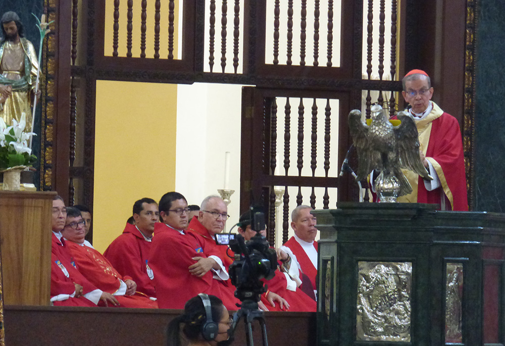 Salvadoran Cardinal Gregorio Rosa Chávez speaks during a homily March 24 at the Cathedral of San Salvador, El Salvador, for the feast of St. Oscar Romero. (NCR photo/Rhina Guidos)