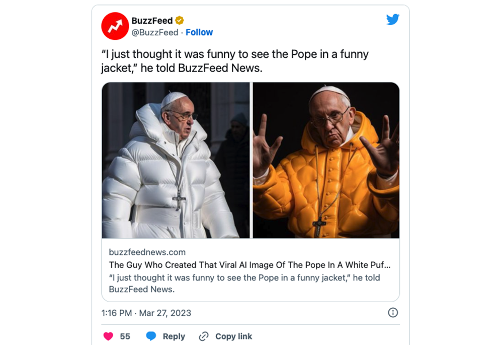 A BuzzFeed tweet shows fake imagery of Pope Francis sporting a white puffer jacket. (NCR screenshot/Twitter)