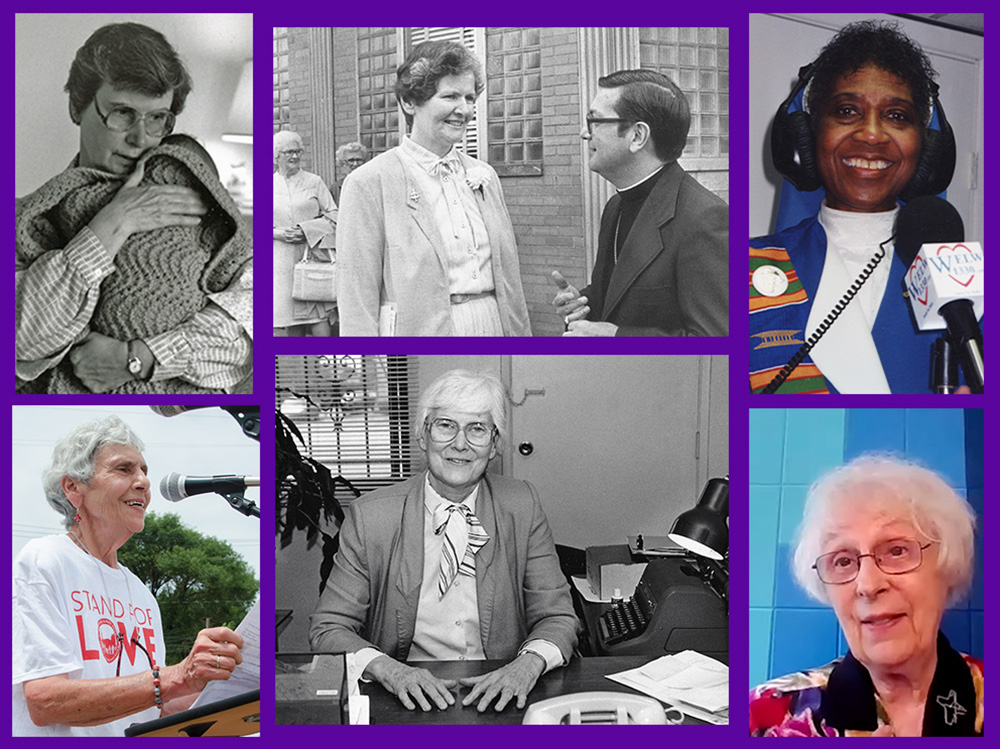 Top row, from left: St. Joseph Srs. Hope Greener, Kathleen Kilbane (seen with Cleveland Bishop Anthony Pilla), and Juanita Shealey. Bottom row, from left: St. Joseph Srs. Rita Petruziello and Loretta Schulte (photos courtesy of Congregation of St. Joseph archives); and Medical Mission Sr. Miriam Therese Winter (NCR screenshot/YouTube/Future Church).