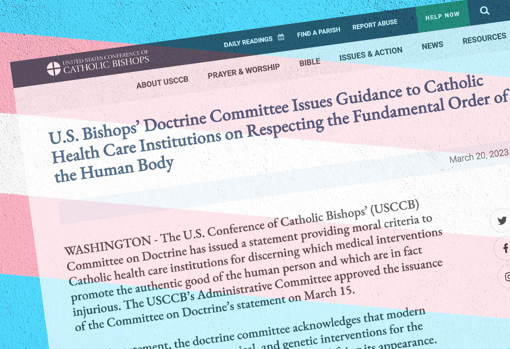 Overlay: The website of the U.S. Conference of Catholic Bishops displays the Doctrine Committee's statement for Catholic health care institutions regarding medical treatments for transgender persons. (NCR screenshot; trans flag illustration by Dreamstime/Avictorero)