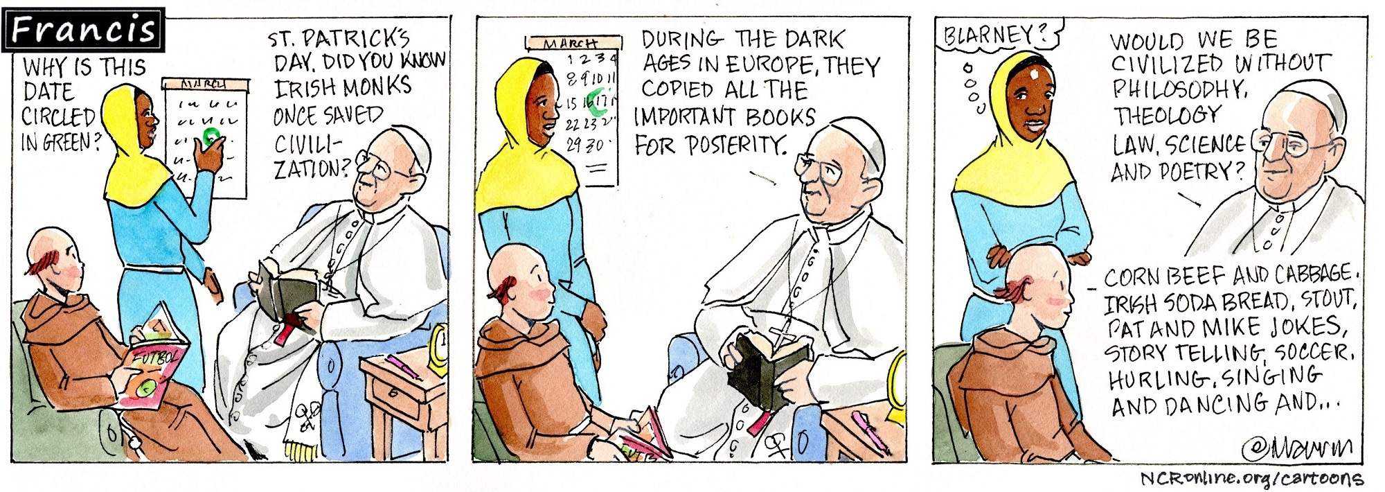 Francis, the comic strip: Francis, Brother Leo and Gabby discuss the history of St. Patrick's Day. 
