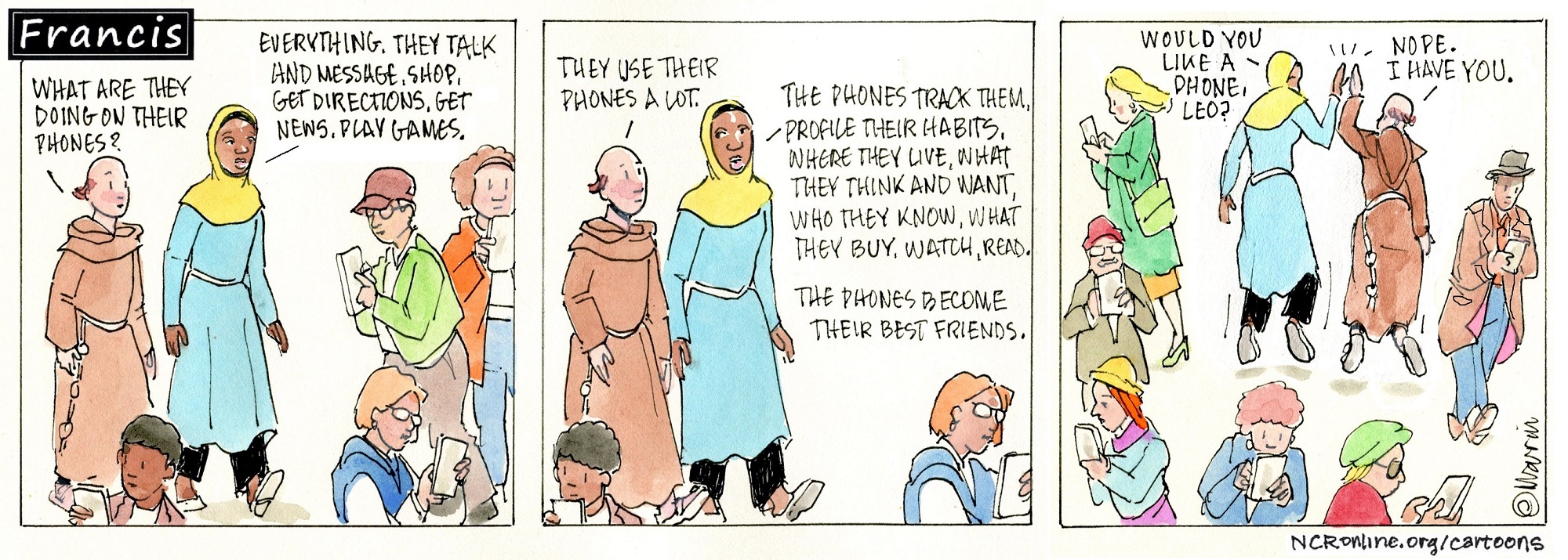Francis, the comic strip: What is everybody doing on their phones?