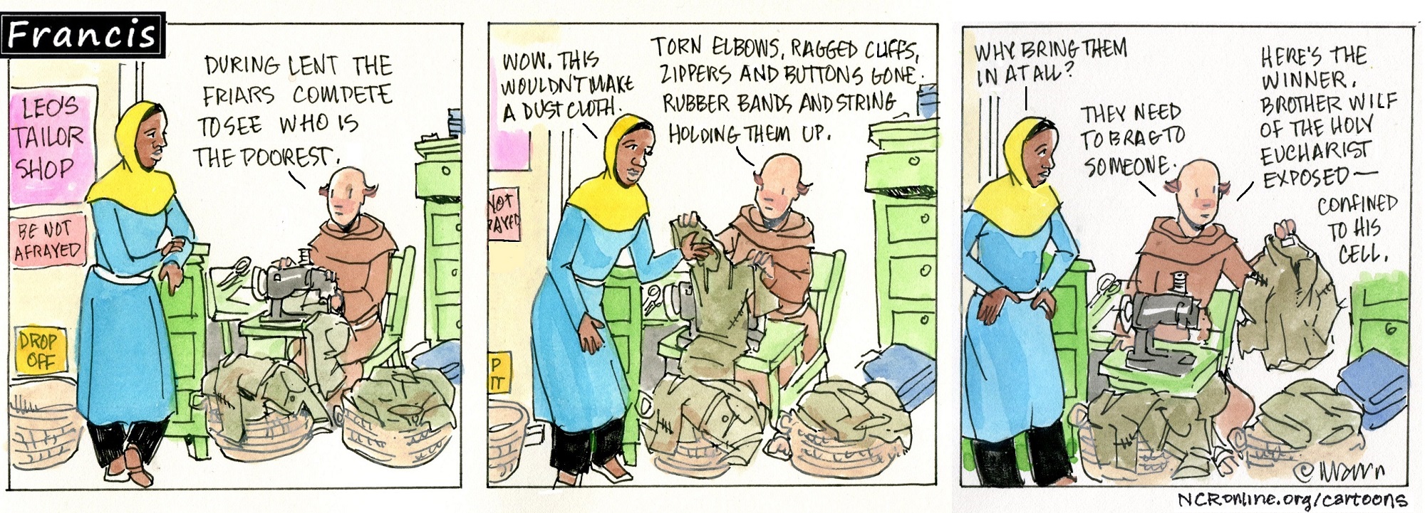 Francis, the comic strip: Brother Leo's tailor shop is host to a Lenten competition among the friars.