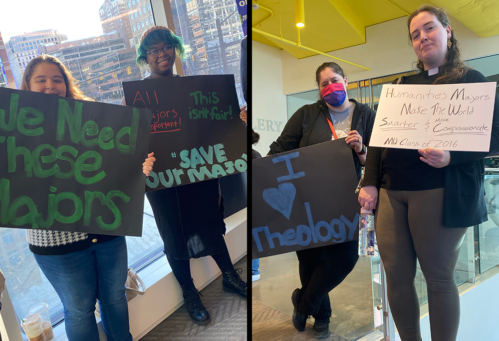 Students protest outside the Marymount University board of trustees meeting Feb. 24 in Arlington, Virginia. (Courtesy of Grace Kapacs)