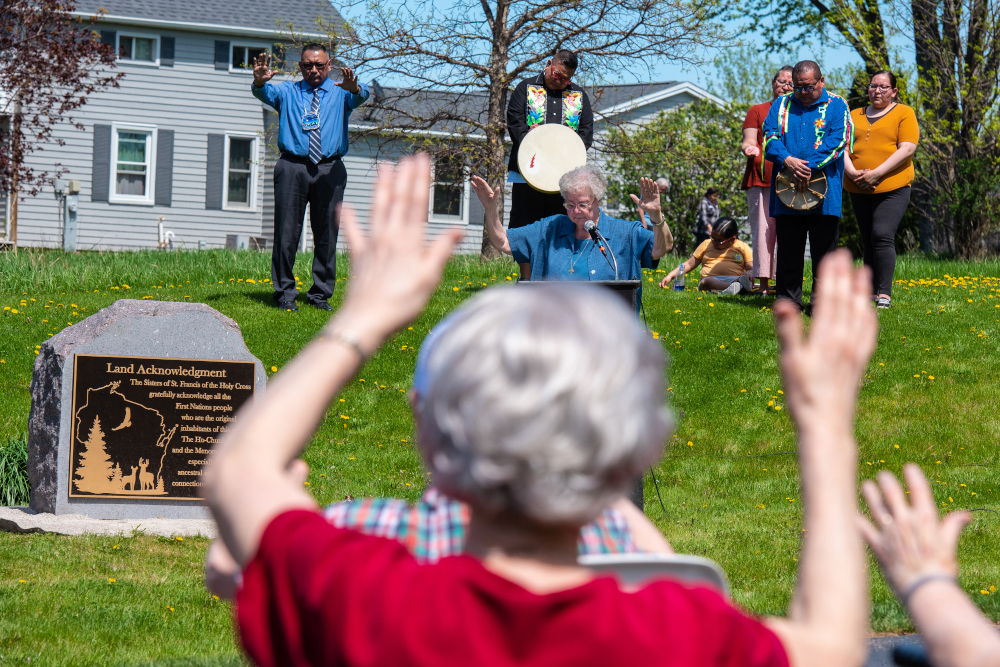 On May 14, 2022, the Sisters of St. Francis of the Holy Cross were joined by representatives of the Ho-Chunk Nation and Menominee Nation in the blessing of the land acknowledgement monument on the convent's grounds. (Sam Lucero/Sisters of St. Francis of the Holy Cross)