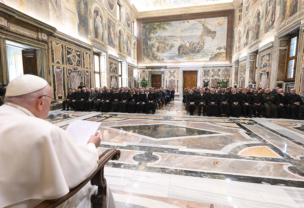 Pope Francis leads an audience at the Vatican with people who took part in a conference organized by the Alphonsian Academy March 23 in Rome. (CNS/Vatican Media)
