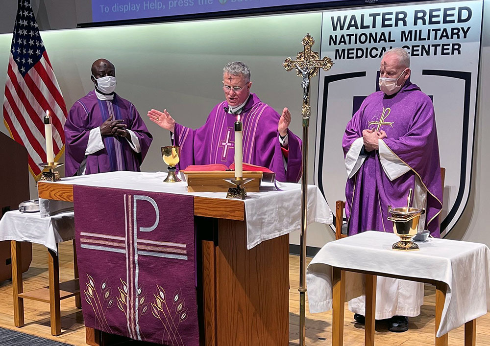 Archbishop Timothy Broglio of the U.S. Archdiocese of the Military Services celebrates Ash Wednesday Mass at Walter Reed National Military Medical Center in Bethesda, Md., March 2, 2022. On March 31, 2023, Walter Reed hospital terminated a contract with Franciscan priests and brothers to provide pastoral care to Catholics. (OSV News/CNS file, courtesy of U.S. Archdiocese of the Military Services)