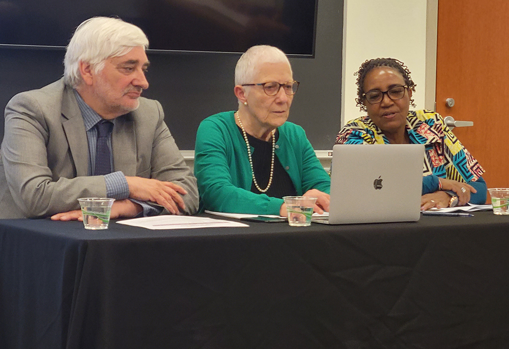 Speaking about nonviolence to mark the 60th anniversary of Pacem in Terris are (from left): Ken Butigan from DePaul University; Marie Dennis of the Catholic Nonviolence Initiative; and Loreto Sr. Teresia Wamuyu Wachira of St. Paul's University in Nairobi, Kenya. Wachira is also co-president of Pax Christi International. (NCR photo/Heidi Schlumpf)