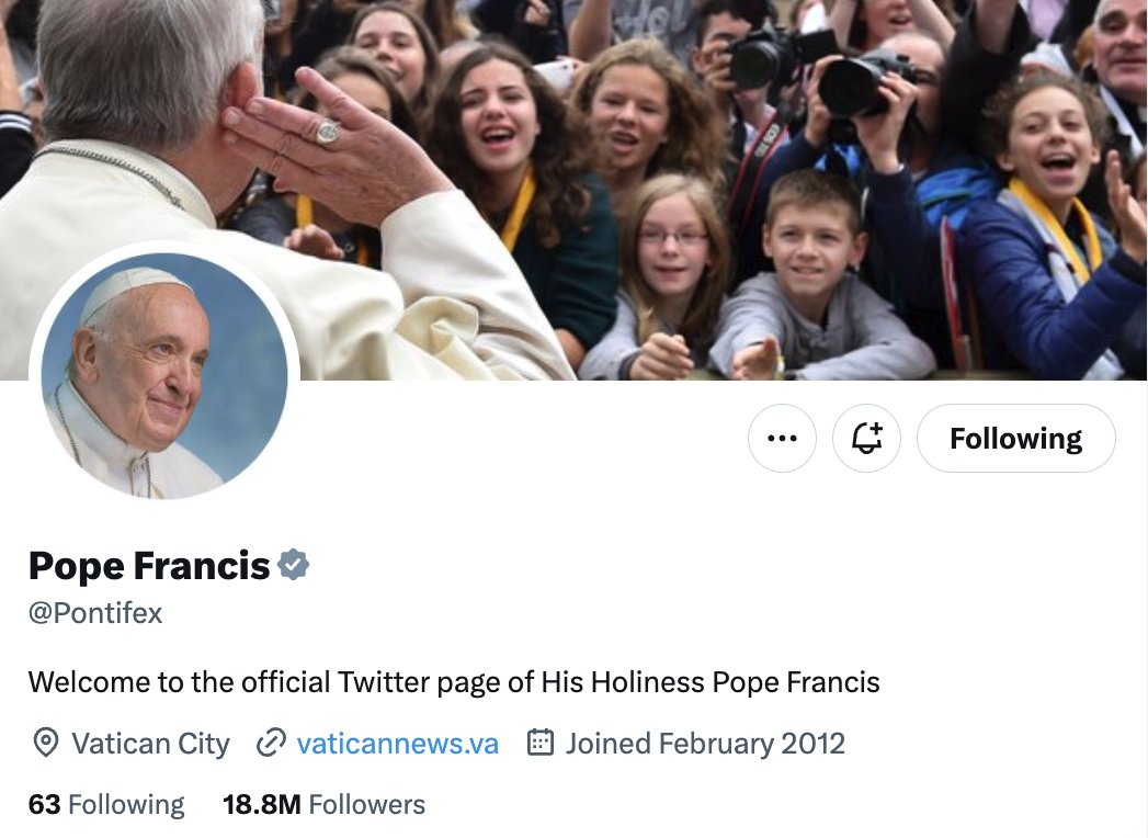A screenshot of Pope Francis' @Pontifex Twitter account on April 21, 2023 with a grey "government or multilateral organization account" checkmark. (OSV News screenshot/Twitter)