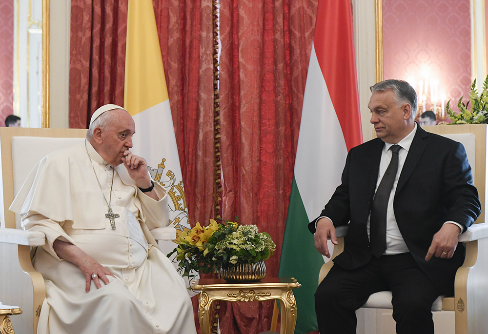 Pope Francis meets with Hungarian Prime Minister Viktor Orbán at Sándor Palace April 28 in Budapest, Hungary. The pope was beginning a three-day trip to Hungary's capital with meetings with government officials. (CNS/Vatican Media)