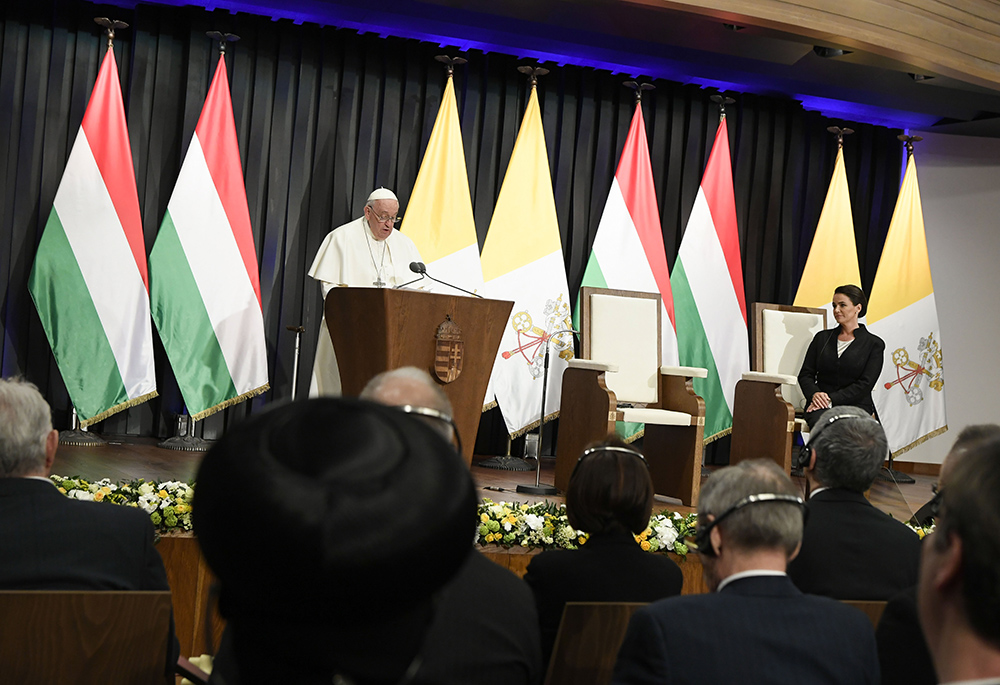 Pope Francis gives his first speech in Hungary to government and civic leaders and diplomats serving in Budapest at the former Carmelite monastery that now houses the office of Prime Minister Viktor Orbán, on April 28. (CNS/Vatican Media)