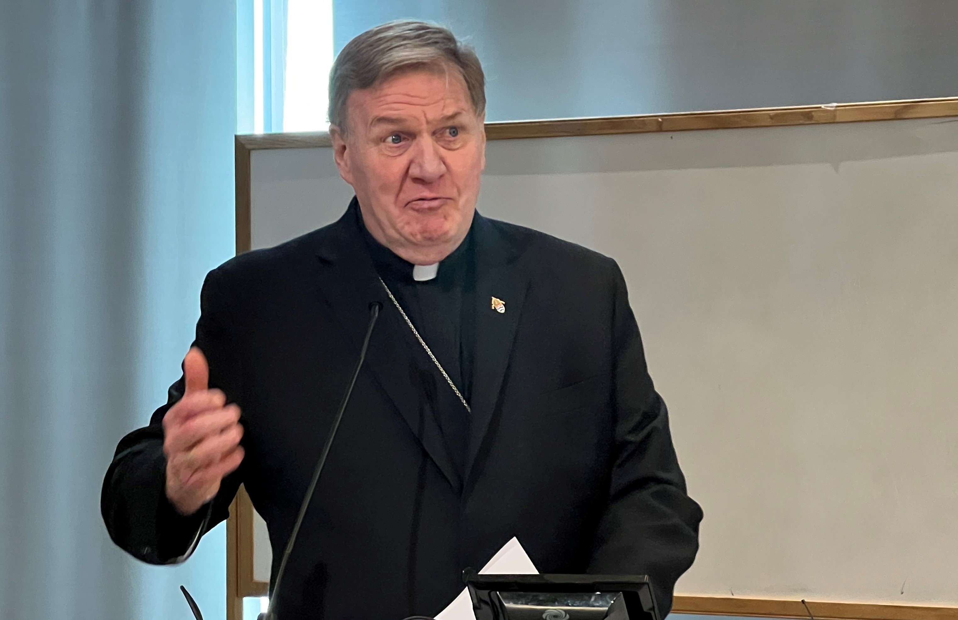 Cardinal Joseph Tobin, archbishop of Newark, New Jersey, presented "Pope Francis: Journey of Synodality" at Sacred Heart University In Fairfield, Connecticut, April 18. His talk was part of the Bergoglio Lecture Series. (NCR Photo/John Grosso)