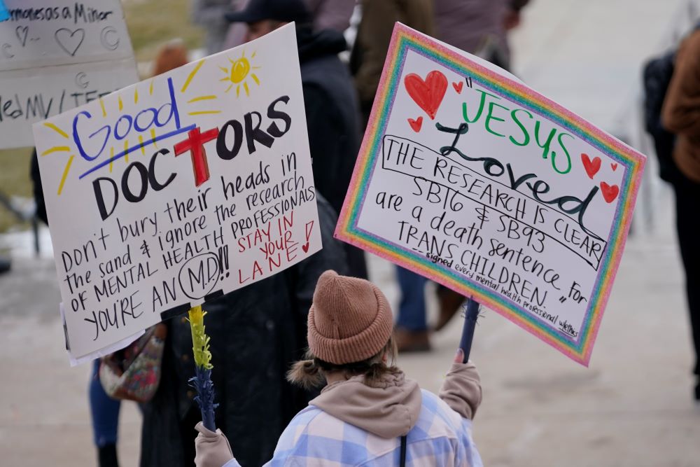 People gather in support of transgender youth during a rally at the Utah State Capitol Jan. 24, 2023, in Salt Lake City. (AP/Rick Bowmer)