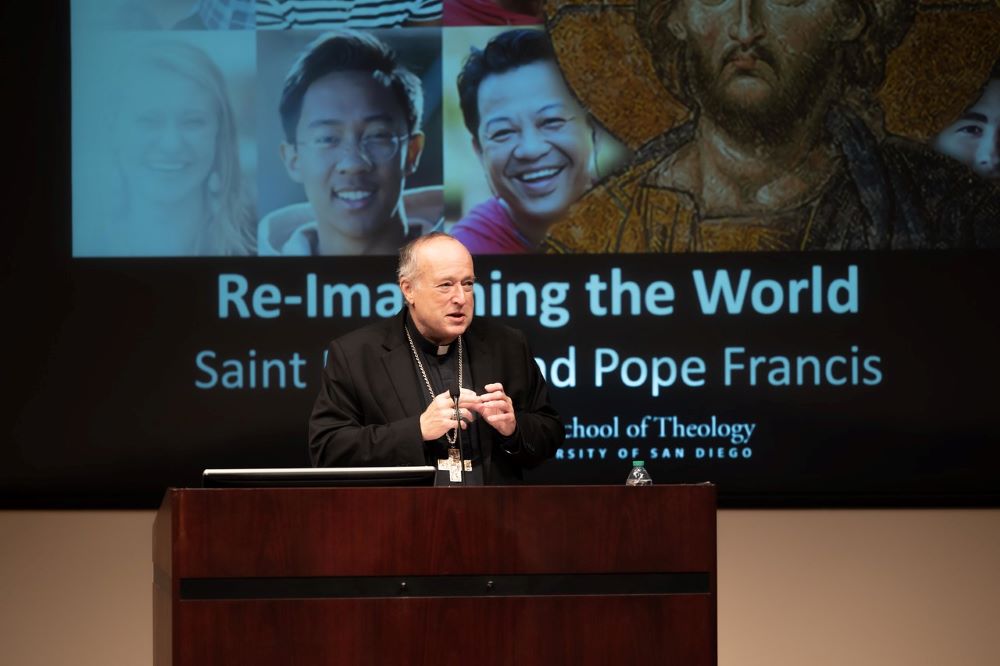 San Diego Cardinal Robert McElroy's closing plenary Jan. 28 at the two-day conference "Re-Imagining the World: Saint Francis and Pope Francis" called Francis' worldwide process of synodal consultation is a "call to conversion to the whole church." (Courtesy of University of San Diego/Catherine Ingle)